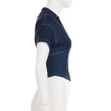 V Neck Zipper Short Sleeve Denim T Shirt GPKJ-MR47617