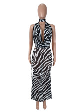Zebra-print Sleeveless Halterneck Long Skirts Suit SHD-9965