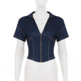 V Neck Zipper Short Sleeve Denim T Shirt GPKJ-MR47617