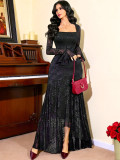 Mesh Jacquard Square Neck Irregular Long Dress GZJF-ZJ10212