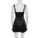 Satin Solid-Color Lace Patchwork Mini Dress GPKJ-MR47997