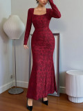 Long Sleeve Square Neck Lace Maxi Dress GZJF-ZJ10213