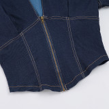 V Neck Zipper Short Sleeve Denim T Shirt GPKJ-MR47617