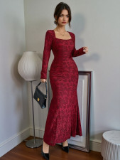 Long Sleeve Square Neck Lace Maxi Dress GZJF-ZJ10213