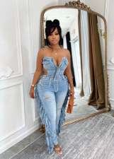 Fashion Denim Tassel Sling Jumpsuit NYF-8206