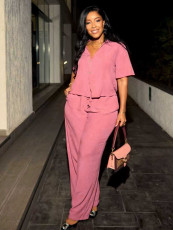 Short Sleeve Solid Color Tops Two Piece Pants Set MIL-L334