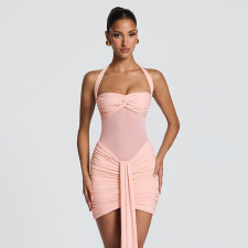 Mesh Halterneck Ruched Mini Dress GSZM-D26DS054