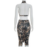 Leopard Print Sleeveless Backless Top Seventh Pants Suit  GSZM-C26ST054