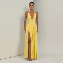 Solid Color Halterneck V Neck Split Maxi Dress GSZM-J26DS080