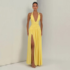 Solid Color Halterneck V Neck Split Maxi Dress GSZM-J26DS080