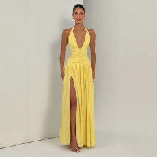 Solid Color Halterneck V Neck Split Maxi Dress GSZM-J26DS080
