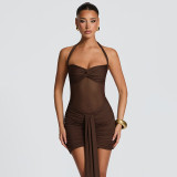 Mesh Halterneck Ruched Mini Dress GSZM-D26DS054