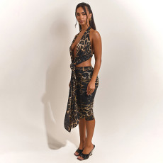Leopard Print Sleeveless Backless Top Seventh Pants Suit  GSZM-C26ST054