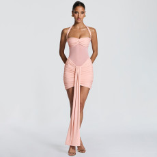 Mesh Halterneck Ruched Mini Dress GSZM-D26DS054
