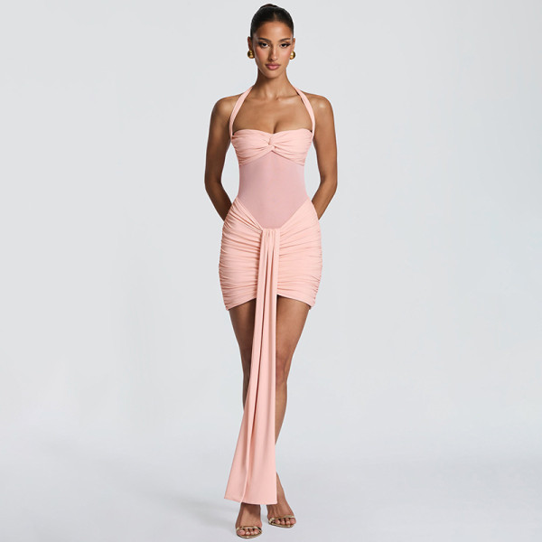 Mesh Halterneck Ruched Mini Dress GSZM-D26DS054