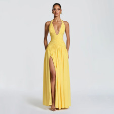 Solid Color Halterneck V Neck Split Maxi Dress GSZM-J26DS080