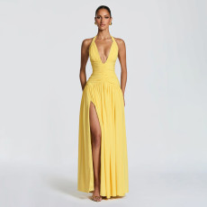Solid Color Halterneck V Neck Split Maxi Dress GSZM-J26DS080