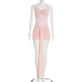 Mesh Halterneck Ruched Mini Dress GSZM-D26DS054