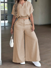 Solid Color O Neck Top Two Piece Pants Set MIL-L319