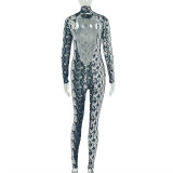 Snake Print High Collar Long Sleeve Jumpsuit GJYO-006317
