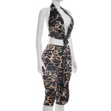 Leopard Print Sleeveless Backless Top Seventh Pants Suit  GSZM-C26ST054
