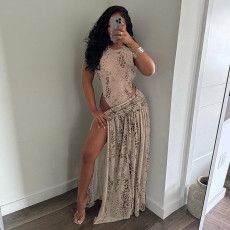 Snake Print Sleeveless Bodysuit Split Long Skirt 2 Piece Set GSZM-J26ST091