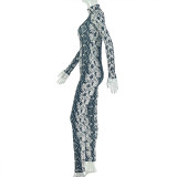 Snake Print High Collar Long Sleeve Jumpsuit GJYO-006317