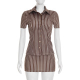 Stripe Lapel Shirt Two Piece Skirts Set MXBF-Y26ST073