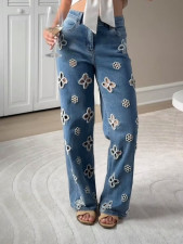 Embroidered Beaded Hollow Out Straight Jeans OD-8770