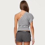 Stripe Print Slash Shoulder T Shirt GSBW-J26TP083