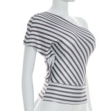 Stripe Print Slash Shoulder T Shirt GSBW-J26TP083