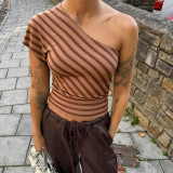 Stripe Print Slash Shoulder T Shirt GSBW-J26TP083