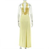 V Neck Solid Color Sexy Backless Maxi Dress GJYO-305093