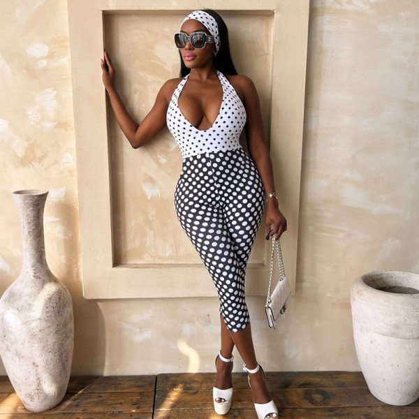 Polka Dot Print Halterneck Backless Seventh Jumpsuit MXBF-J26JP055