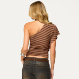 Stripe Print Slash Shoulder T Shirt GSBW-J26TP083