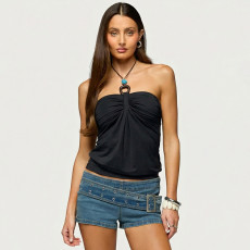 Solid Color Halterneck Ruched Tops GSBW-J26TP075
