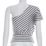 Stripe Print Slash Shoulder T Shirt GSBW-J26TP083
