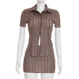Stripe Lapel Shirt Two Piece Skirts Set MXBF-Y26ST073