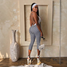 Polka Dot Print Halterneck Backless Seventh Jumpsuit MXBF-J26JP055