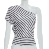 Stripe Print Slash Shoulder T Shirt GSBW-J26TP083