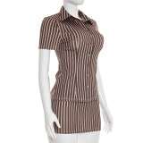 Stripe Lapel Shirt Two Piece Skirts Set MXBF-Y26ST073