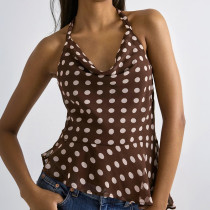 Polka Dots Print Halterneck Backless Tops GSBW-J26TP107