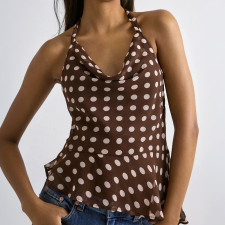 Polka Dots Print Halterneck Backless Tops GSBW-J26TP107