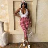 Polka Dot Print Halterneck Backless Seventh Jumpsuit MXBF-J26JP055