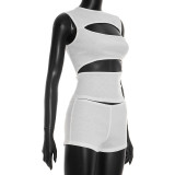 Solid Color Sleeveless Hollow Out Short Suit MXBF-J26ST068