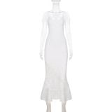 Lace Patchwork V Neck Backless Maxi Dress GPKJ-MR48286