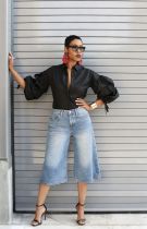 High Waist Washed Hot Drill Straight Fifth Jeans GYLN-7270