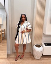 Striped Bubble Short-Sleeve Midi Dress OLYF-6197