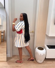 Striped Bubble Short-Sleeve Midi Dress OLYF-6197