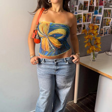 Floral-print Color Blocked Mesh Tube Top GPKJ-MR48309